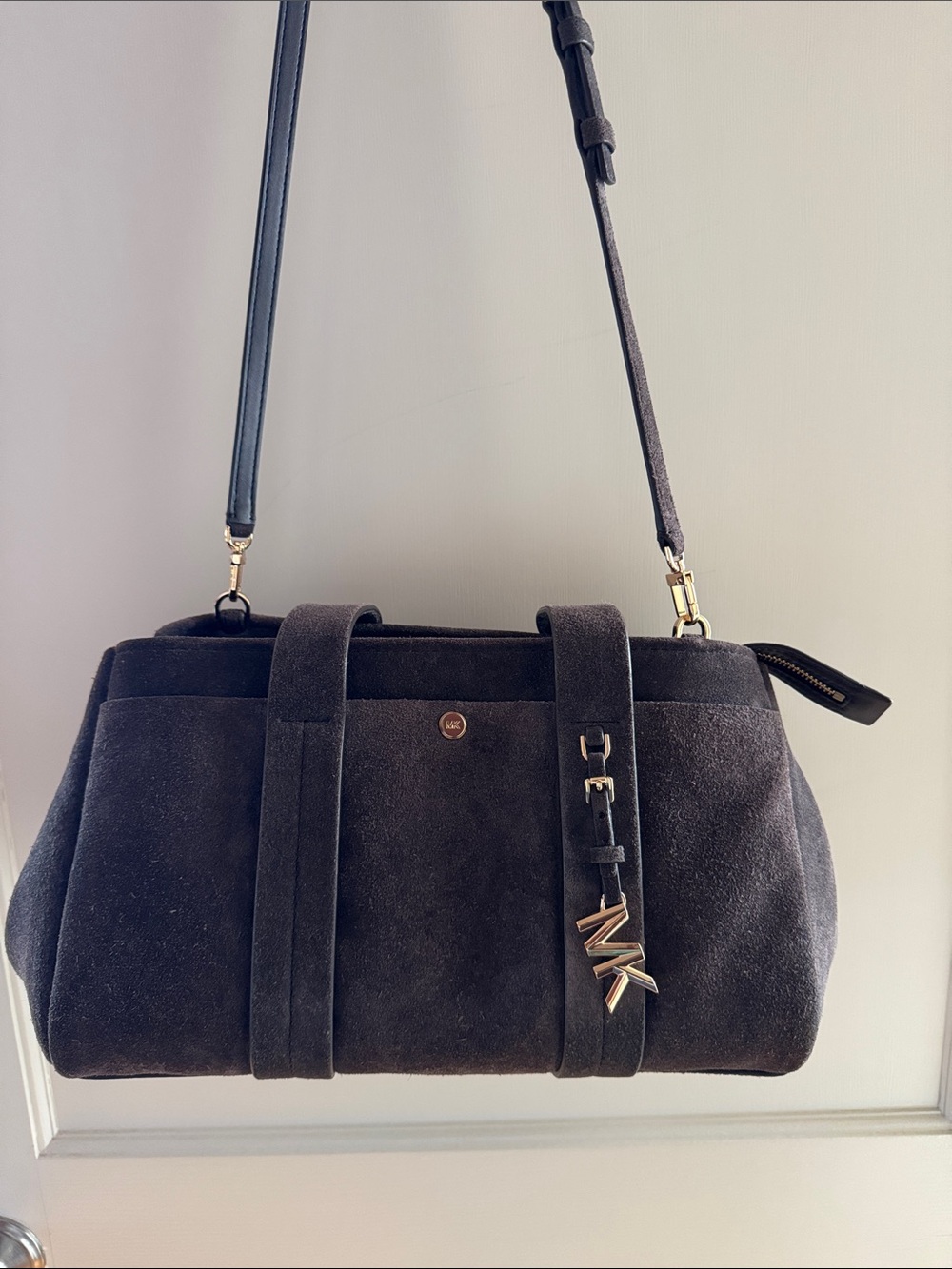 Chocolate brown suede bag with gold accent